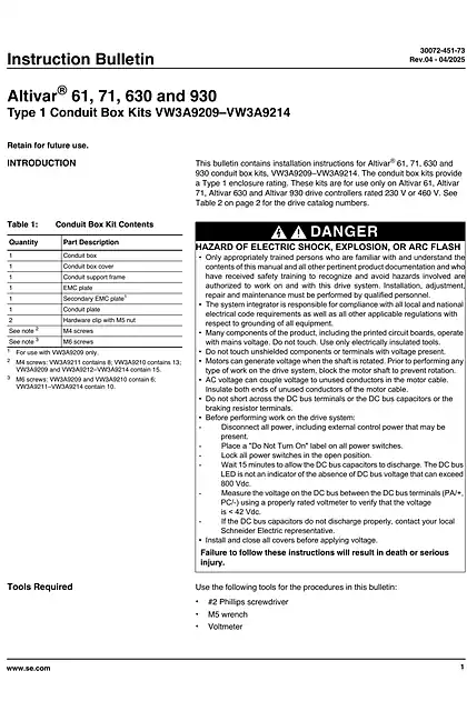 schneider施耐德Instruction Sheet _ Type 1 Conduit Box Kits VW3A9209 to VW3A9214